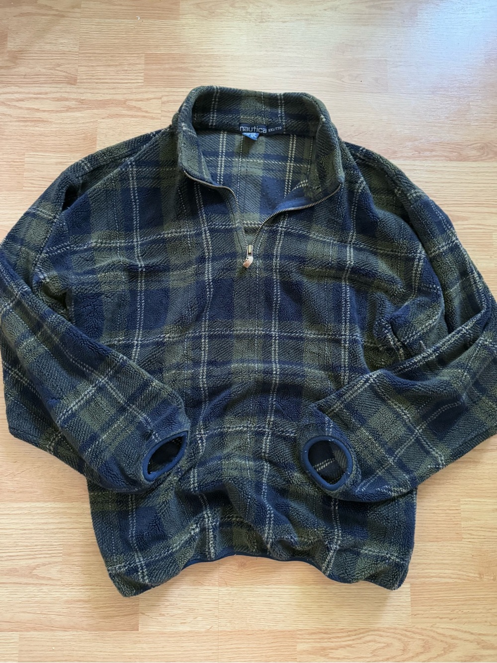 VTG 90s Nautica Black Watch Plaid Quarter Zip Fleece Pullover XXL Made in Canada